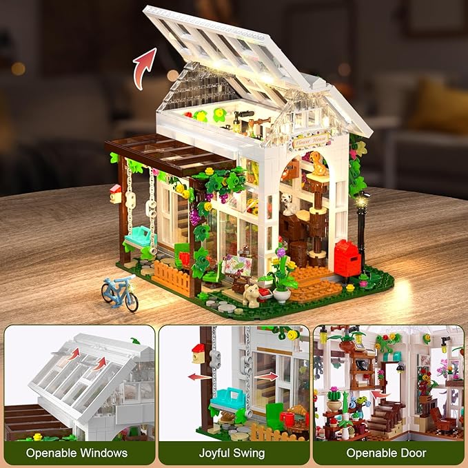 HOGOKIDS Flower House Building Set with LED Light - 1332 PCS Garden House Buiding Toy with Flowers Potted Plants Parrot Cat Animals Playset Greenhouse Model Xmas Gift for Adults Teens Girls Ages 8+
