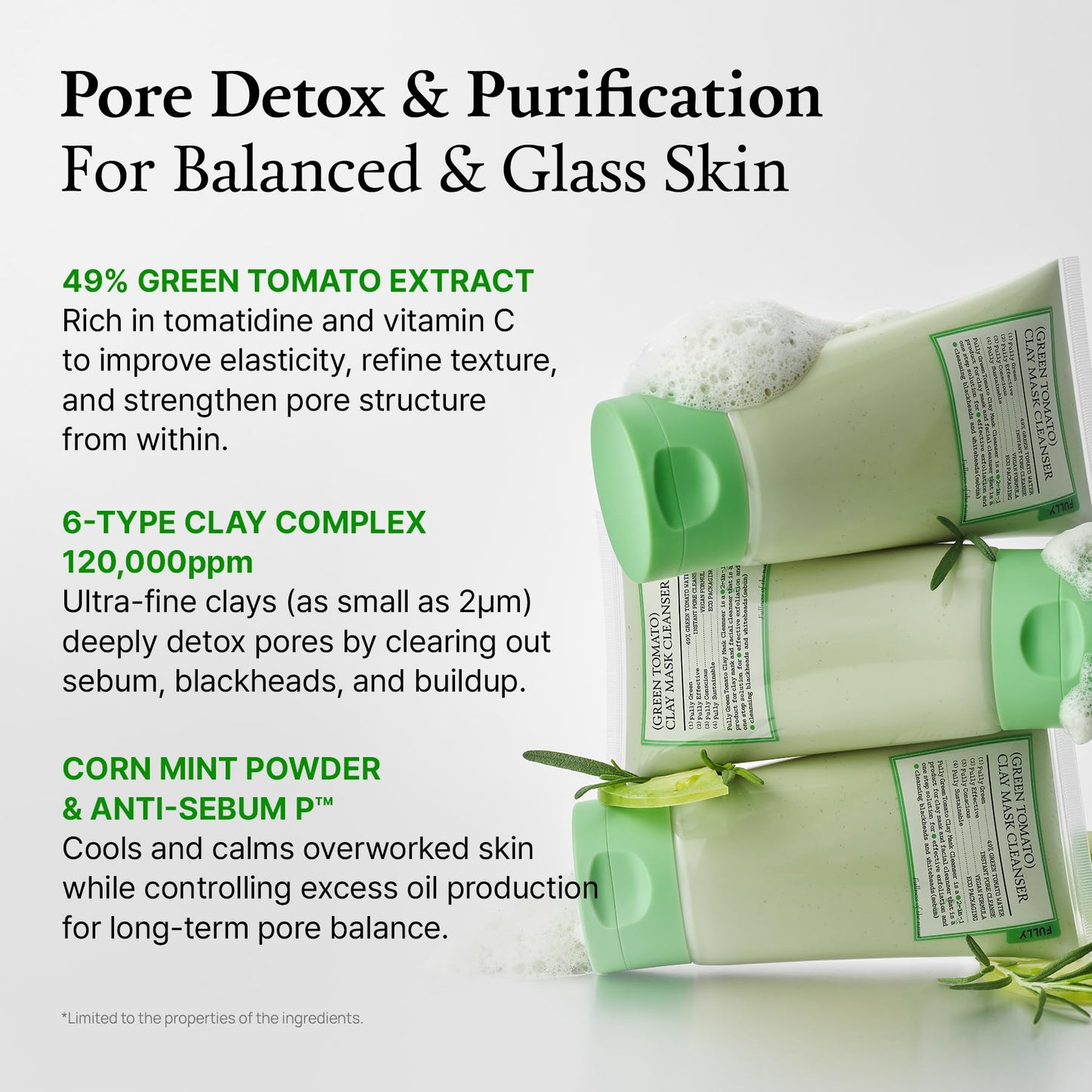 FULLY Green Tomato Pore Detox Clay Mask Cleanser, Pore Minimizing, Blackhead Care, Sebum Control, Exfoliation, Vegan, Face Wash, Sensitive Skin, Korean Skincare 4.05 fl.oz