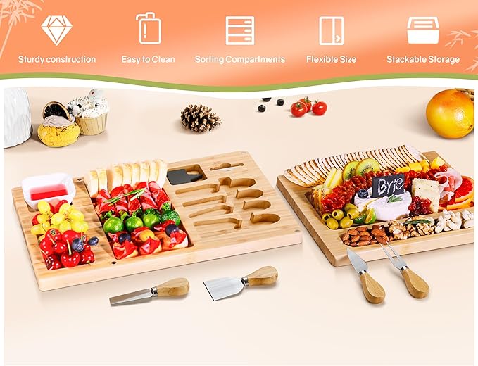 Charcuterie Boards, Thereye Cheese Board with Knife Set, Bamboo Charcuterie Board Set, Gifts for Women, Wedding Gifts, House Warming Gifts, Bridal Shower Gift (Extra Large)
