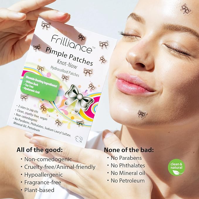 Frilliance Bow Shaped Hydrocolloid Acne Pimple Patches for Zits and Blemishes (Knot Now, 2 Sizes) Spot Treatment Stickers for Face & Skin, Vegan and Cruelty Free