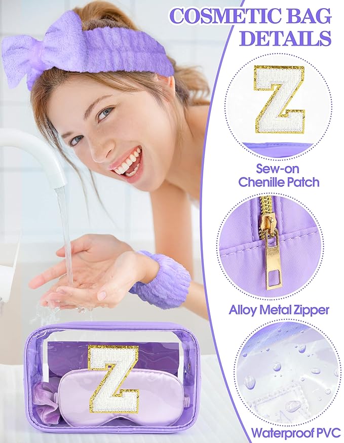 Gift Sets for Women, Initial Makeup Bag with Makeup Brush Set Bachelorette Party Favors, Purple Spa Kit with Skincare Headbands Wrist Bands Sleepover Party Supplies Gifts for Teen Girls Bridesmaid Z