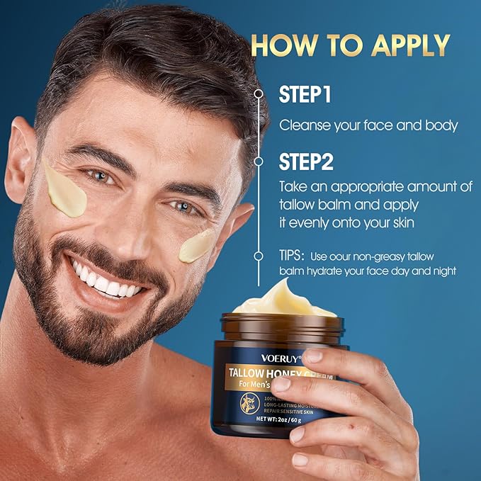 Tallow Balm for Skin, Men's Face Moisturizer Cream with Raw Honey for Reduce Wrinkles, Natural Grass-Fed Tallow Moisturizer for Face and Body, Organic Tallow for All Skin Types, 2oz/60g