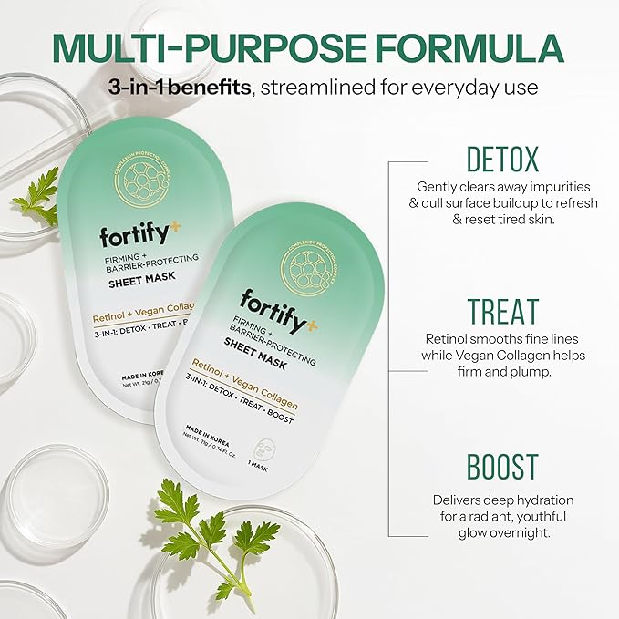 Face Mask with Retinol and Collagen - Dermatologist Tested, Anti Aging - Firming & Barrier Protecting - 3-in-1: Detox - Treat- Boost - Clean Beauty, Korean Skin Care, 10 Sheet Masks