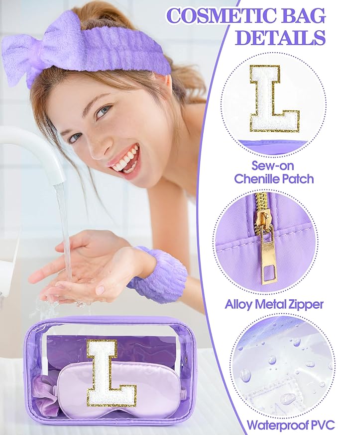 Gift Sets for Women, Initial Makeup Bag with Makeup Brush Set Bachelorette Party Favors, Purple Spa Kit with Skincare Headbands Wrist Bands Sleepover Party Supplies Gifts for Teen Girls Bridesmaid L