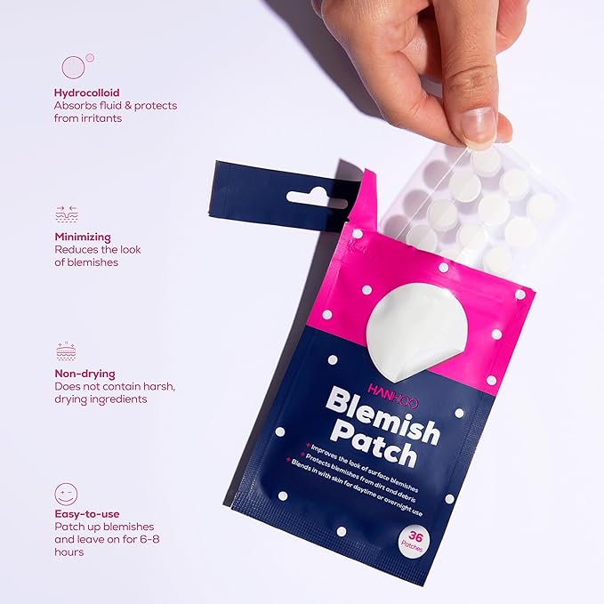 HANHOO Blemish Patch, 432 count, 12 pk, includes hydrocolloid pimple patches that shrink pimples, absorb fluid, and protect from finger-picking and dirt. Invisible acne spot patches for clear skin.