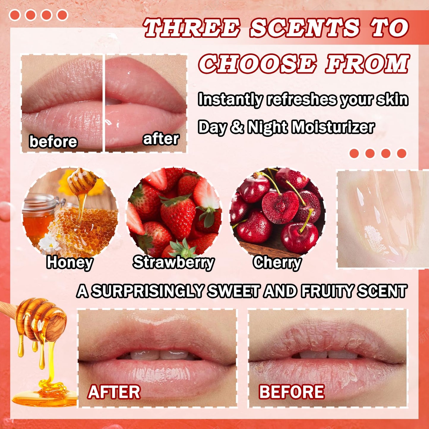 3PCS Bee Lip Balm Honey Pot with Brush,Day and Night Hydrating Sleeping Lip Mask,Honey & Strawberry & Cherries Gentle Tinted Lip Balm,Non-Greasy Lip Scrubs Exfoliator Moisturizer