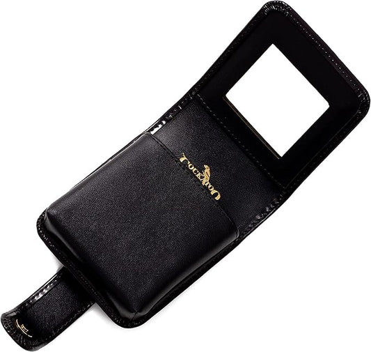 Cockatoo Leather Lipstick Case with Mirror, Women's Portable Lipstick Pouch Travel Cosmetic Bag Can Be Put in Wallet Mini Cosmetic Bag Lipstick Pouch (Glossy Black)