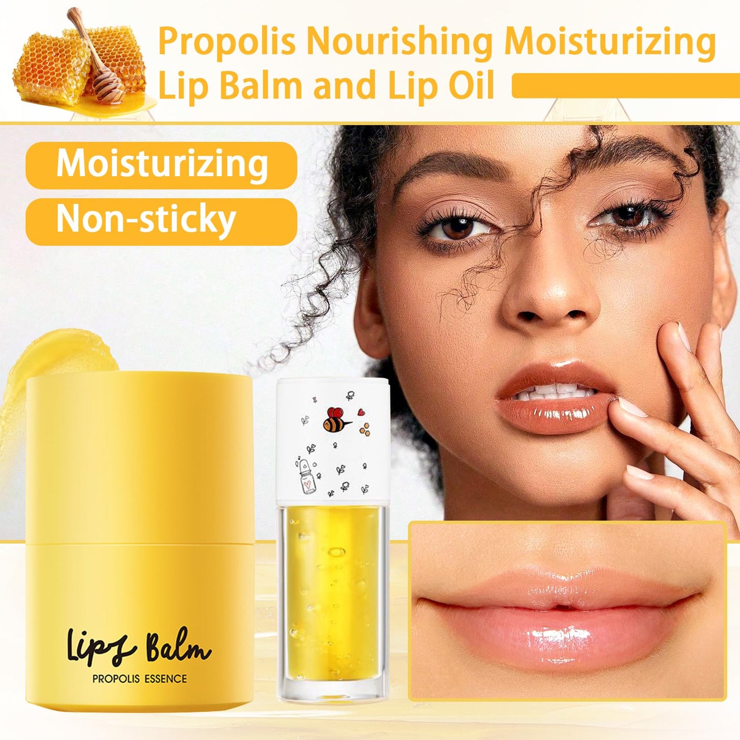 2PCS Honey Lip Balm and Lip Oil Set, Hydrating Overnight Propolis Lip Care Sleeping Mask, Moisturizing Lip Glow Oil Long-lasting Plumping Bee Lip Balm Gloss Stain Gifts Set for Women