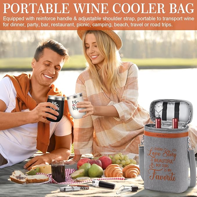 Anniversary Engagement Gifts for Men Women, Mr and Mrs Wine Tumblers Gifts - Funny Wedding Gifts for Couple, Bridal Shower, Newlywed - Insulated Wine Cooler Tote Bag with Glasses and Wine Accessories