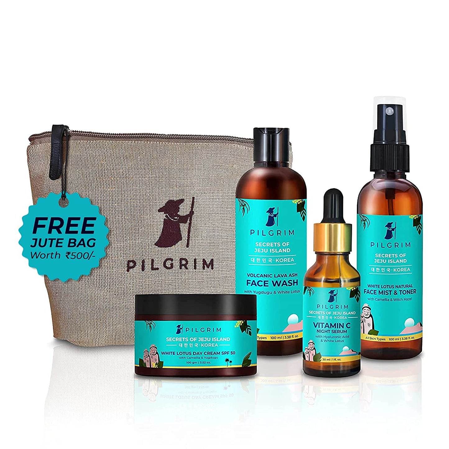 Pilgrim Korean Skin Care Gift Set | Face Wash, Toner, Vitamin C Serum & SPF 50 Day Cream | Hydrated, Refreshed & Healthy-Looking Skin | For All Skin Types | With Free Jute Bag