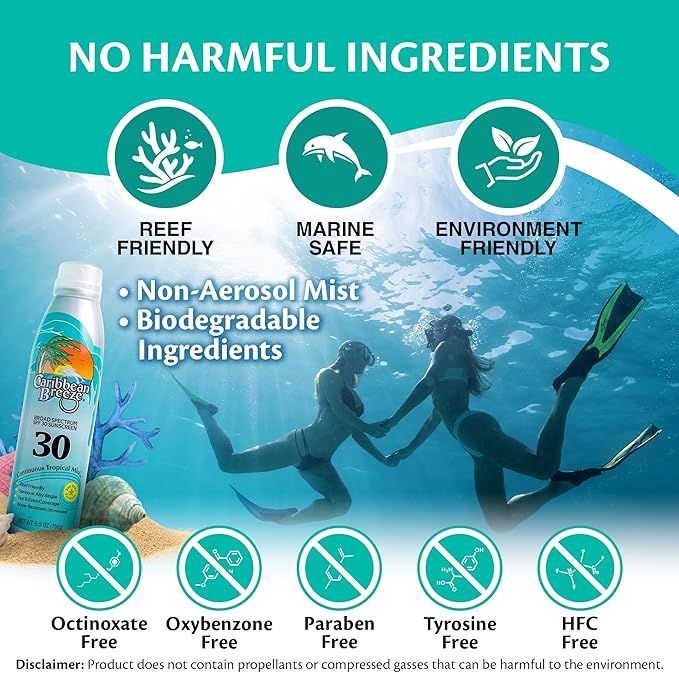 Caribbean Breeze Continuous Tropical Mist SPF 30 Sunscreen Spray, Reef Safe Sunscreen Spray, Up to 80 Minutes Water Resistant Spray, 5.5 Ounces