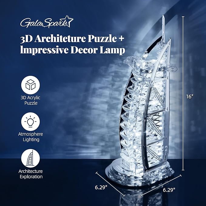 3D Puzzle Burj Al Arab Building Model Kit, DIY Dubai Landmark Building Model with LED Light, Home Decor Festival Gift for Adults & Children 100PCS (Silver)