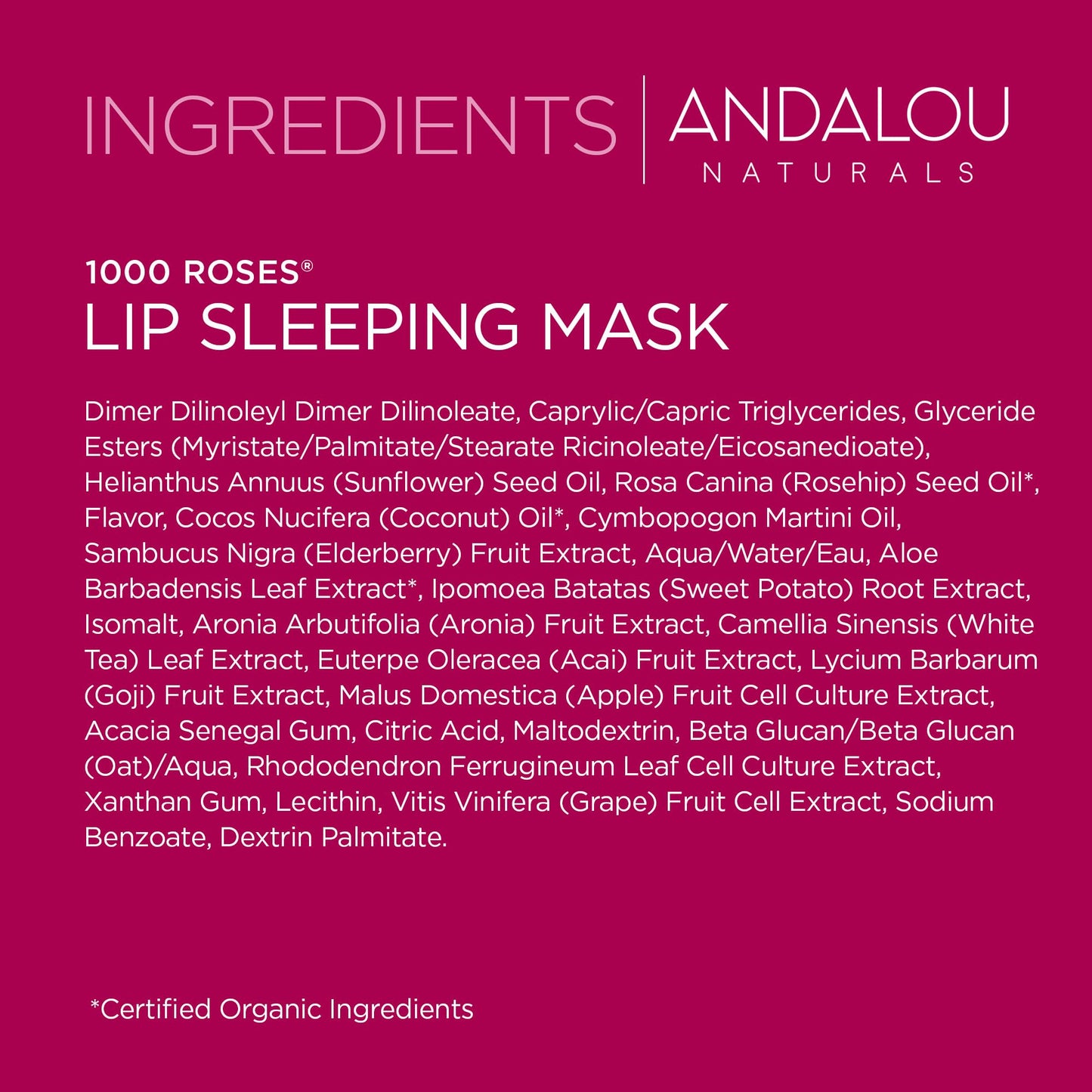 Andalou Naturals Mask 1000 ROSES, Overnight Sleeping Mask for Dry, Chapped Lips, Plumping, Hydrating & Soothing Balm with Alpine Rose Stem Cells, Vegan & Cruelty-Free, 0.42 O