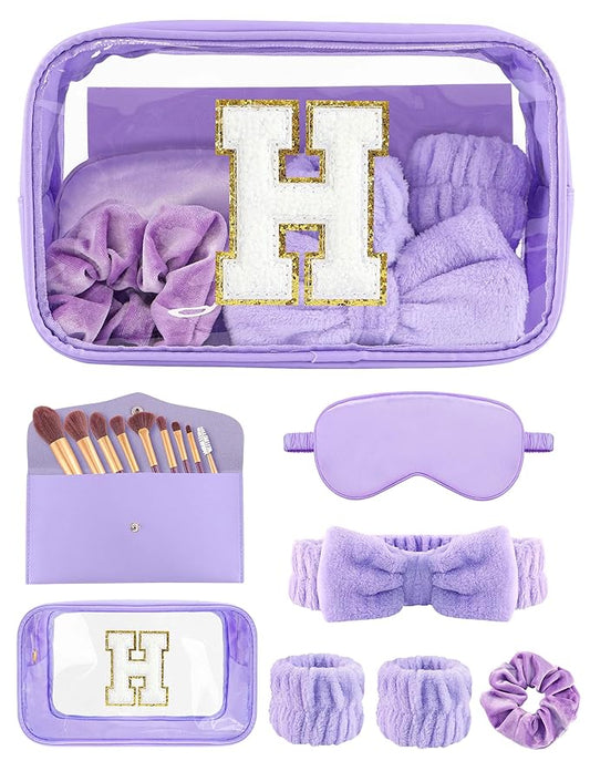 Gift Sets for Women, Initial Makeup Bag with Makeup Brush Set Bachelorette Party Favors, Purple Spa Kit with Skincare Headbands Wrist Bands Sleepover Party Supplies Gifts for Teen Girls Bridesmaid H
