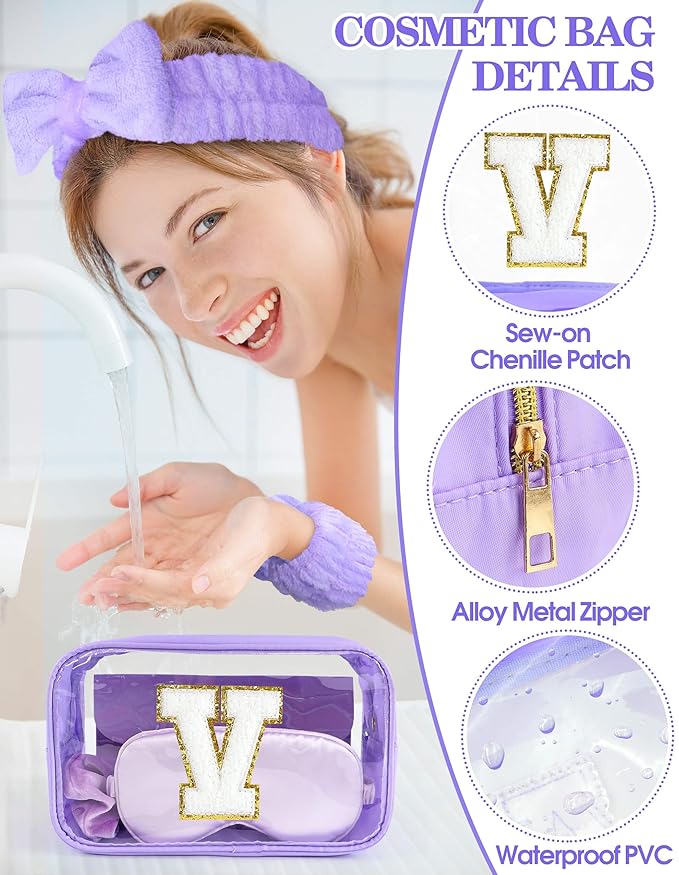 Gift Sets for Women, Initial Makeup Bag with Makeup Brush Set Bachelorette Party Favors, Purple Spa Kit with Skincare Headbands Wrist Bands Sleepover Party Supplies Gifts for Teen Girls Bridesmaid V