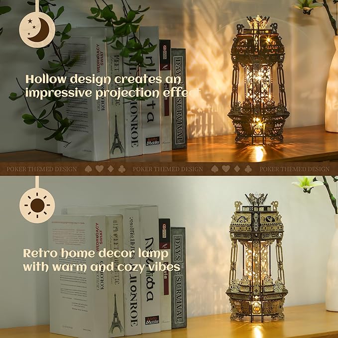 LED 3D Wood Puzzle Poker World Projector Lamp – DIY Craft Kit with LED Lights and Music Box – Creative Poker-Themed Lamp, Nightlight Gift for Home Décor (White Maple)