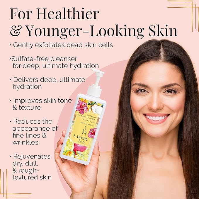 Nakery SkinRestore Hydrating Face & Body Wash with Hyaluronic Acid - Body Wash for Sensitive Skin - Foaming Face Wash & Oil Cleanser for Women 350ml - Sulfate Free & Cruelty Free - Tropical Threrapy