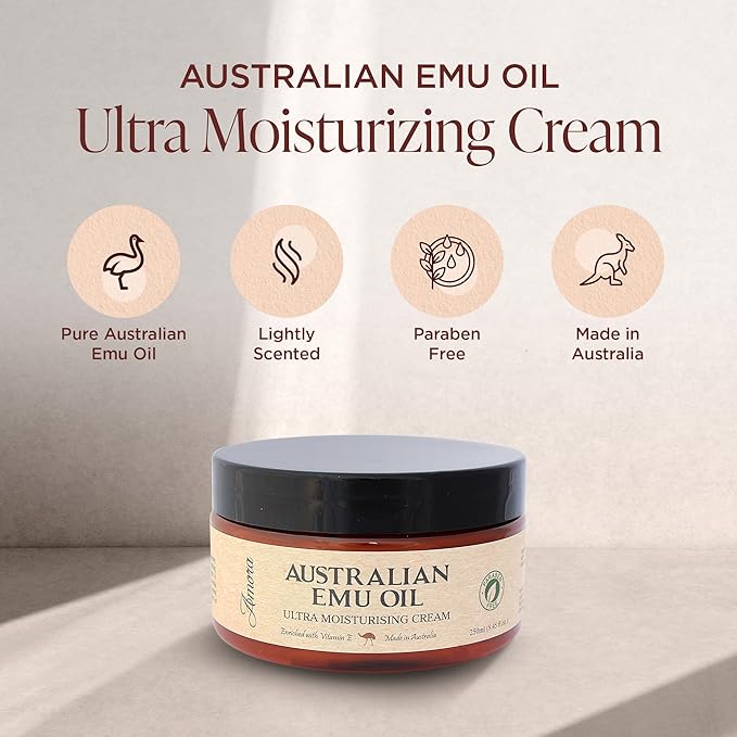Amora Cosmetics Australian Emu Oil Cream for Face and Body (8.45 oz), Pharmaceutical Grade Emu Cream, Super Strength Moisturizer Lotion, Made in Australia
