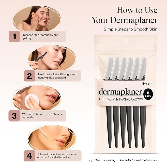 Kitsch Dermaplane Razor for Women Face - Face Razors for Women and Men - Eyebrow Trimmer, Shaver, Recycled Plastic Dermaplaning and Skin Care Tool - Black, 6 pcs