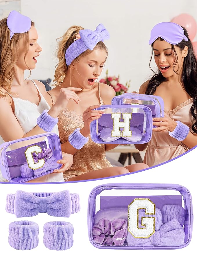 Gift Sets for Women, Initial Makeup Bag with Makeup Brush Set Bachelorette Party Favors, Purple Spa Kit with Skincare Headbands Wrist Bands Sleepover Party Supplies Gifts for Teen Girls Bridesmaid G