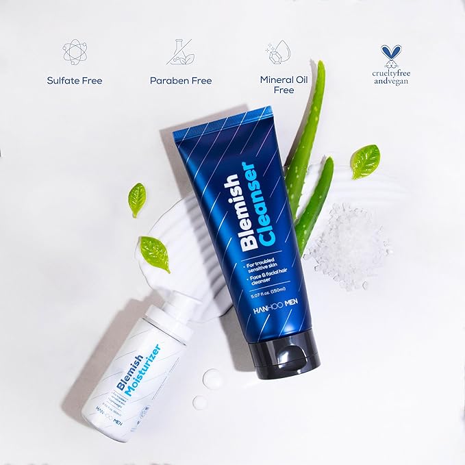 Hanhoo Men’s Duo, Blemish Cleanser 5.07 Fl. Oz., Blemish Moisturizer 2.02 Fl. Oz., with Bamboo and Hyaluronic Acid, Pre and Post-Shave Skincare Routine, For Acne Regimen, Korean Skincare