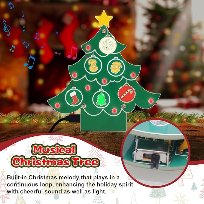 ICSTATION Christmas Tree Soldering Kit, Musical Christmas Tree Soldering Project With 3 Light Modes Colorful Christmas Elements Xmas Tree DIY Electronic Kit for Learning Education Desktop Decoration