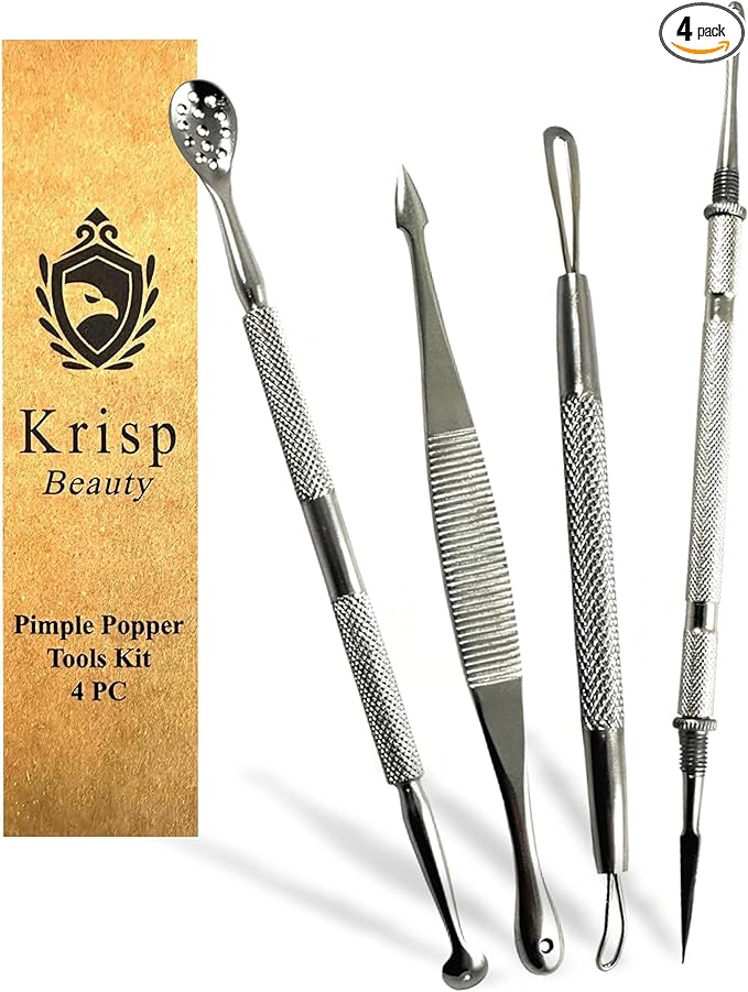 Blackhead Remover Extractor Pimple Popper Tools - Comedone Acne Zit Cleaner Kit for Nose Facial Pore Press Tool for Face Blemish Whitehead Popping Extractors, Stainless Steel 4 Pc Set by Krisp Beauty