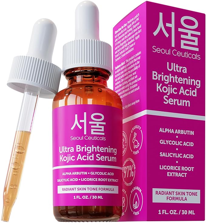 SeoulCeuticals Korean Skin Care Kojic Acid Serum Alpha Arbutin – Dark Spot Remover Corrector Glycolic Acid + Salicylic Acid K Beauty 1oz