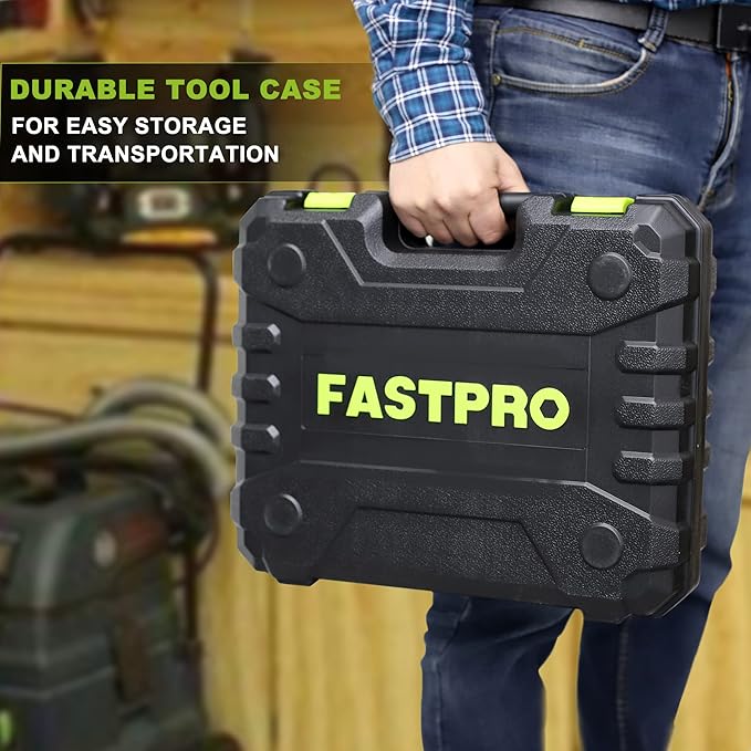 FASTPRO 177-Piece 20V Cordless Lithium-ion Drill Driver and Home Tool Set, Household Repairing Tool Kit with Drill in Storage Case, Green