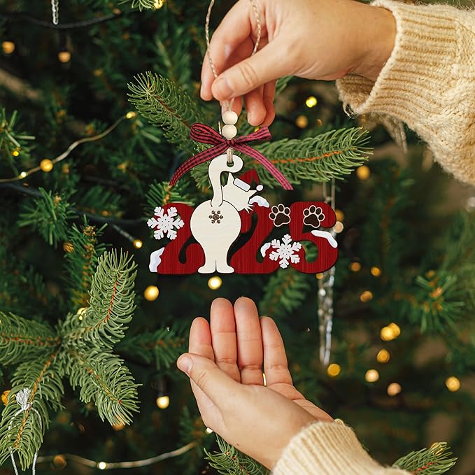 Cat Christmas Ornament 2025 - Funny Wooden Cat Ornament for Christmas Tree - Cute Holiday Decor & Cat Lover Gift - Unique Kitten Wood Keepsake with Gift Box