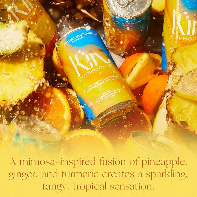 Kin Euphorics Actual Sunshine Non-Alcoholic Functional Beverage | Rise and Glow from Within | Immunity + Beauty Booster | Adaptogens, Nootropics | 8 FL Oz, 12PK