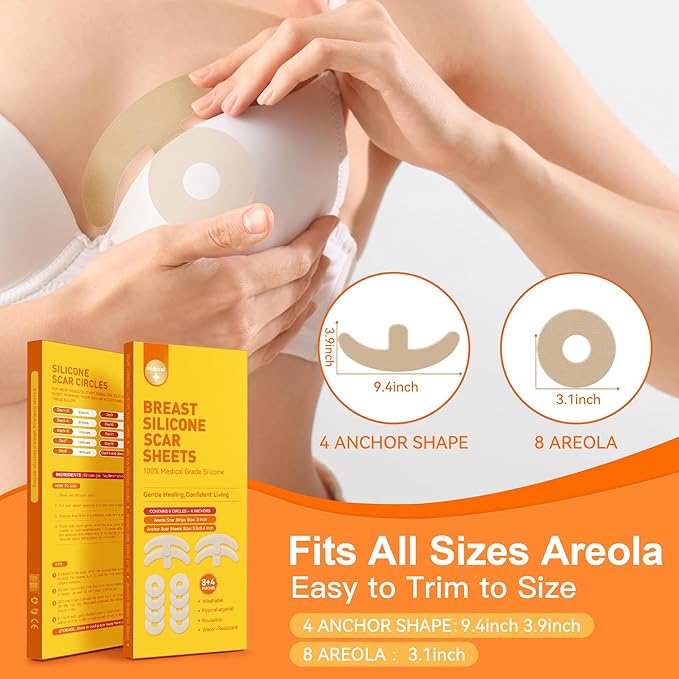 Silicone Scar Sheets for Breast - Including 8 Areola Soft Strips & 4 Anchor Sheets, Medical Grade & Reusable Breast Silicone Scar Tape for Surgical Scars