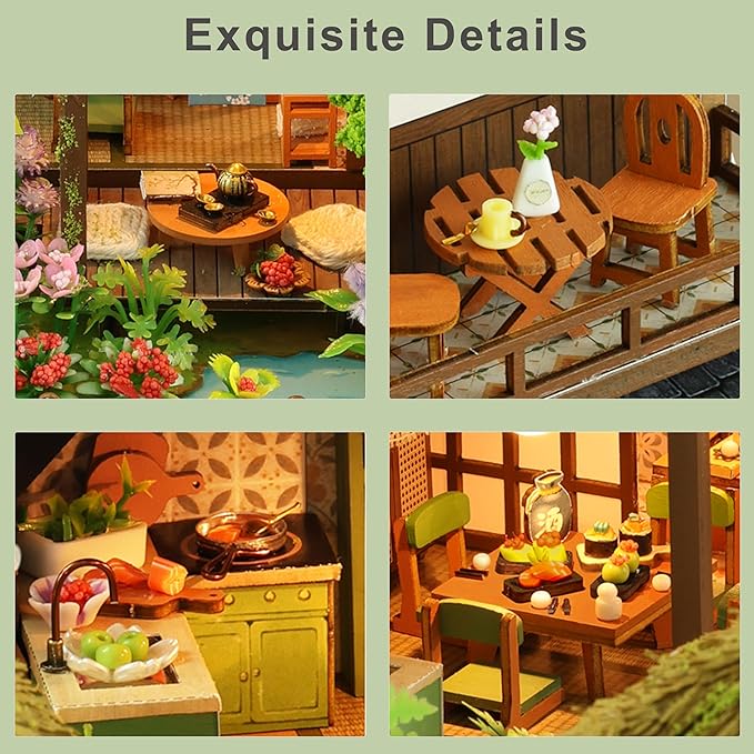 ISSEVE DIY Miniature House Kit, Tiny House Dollhouse Kit for Adults, Mini House Building Kits, Halloween Christmas Home Bookshelf Decoration, Gifts for Family and Friends (Bamboo Spring Courtyard)
