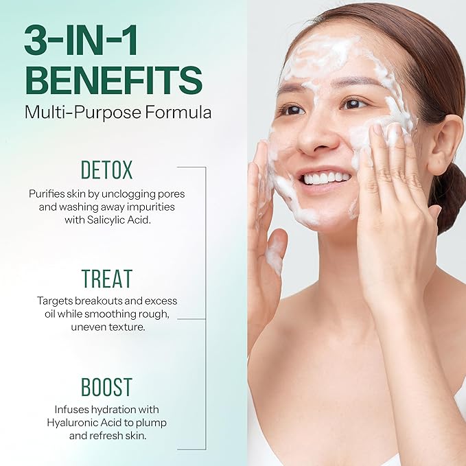 Foaming Facial Cleanser with Hyaluronic Acid + Salicyclic Acid - 3-in-1: Detox, Treat, Boost - Deep Purifying & Hydrating Face Wash - Dermatologist Tested, All Skin Types - 2 Pack