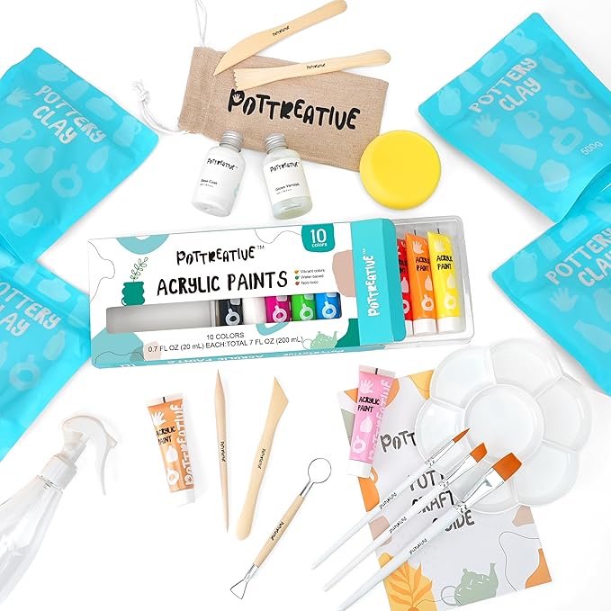 POTTREATIVE Air Dry Clay Pottery Kit - Home DIY Pottery Starter Kits with Air-Dry Clay，Sculpting Pottery Tools and Step-by-Step Guide - Great for Date Night, Arts Crafts Hobby