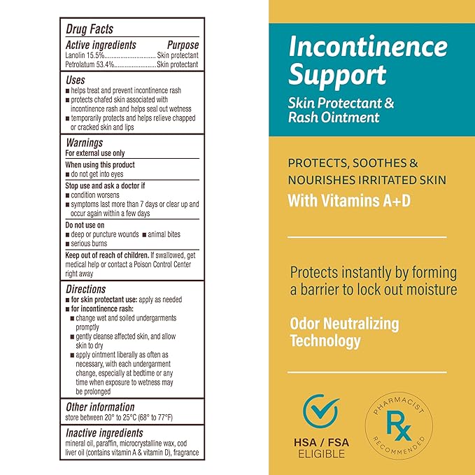 A+D Incontinence Support Skin Protectant & Rash Ointment – Treats & Prevents Incontinence Rash, Soothes Chafed Skin, Odor Neutralizing Technology - 3.5oz