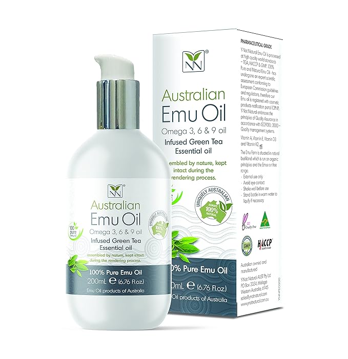 Y-Not Natural Ultra Pure Australian Emu Oil - Luxury, Hospital Grade Emu Oil 200mL | Free Range Aboriginal Omega 3, 6 & 9 Oil Infused with Green Tea - The Ultimate Moisturizer for Skin, Hair, Nails, and Scalp