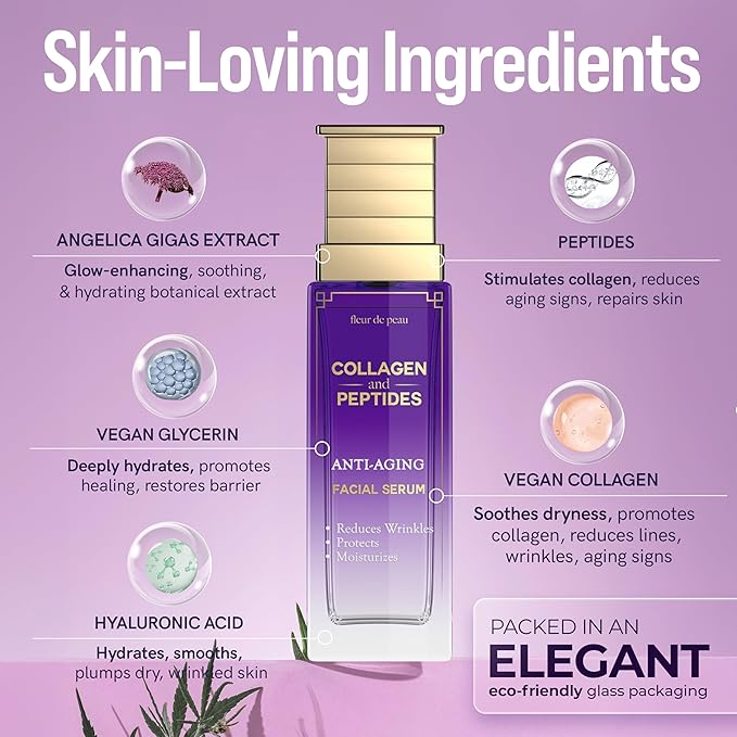 Fleur De Peau Collagen & Peptides Serum For Face - Dermatologist Tested, Anti-Aging, Ultra Hydrating, Plumping & Firming, for Fine Lines & Wrinkles - Clean Beauty, Vegan Korean Skin Care - 1.69 FL. Oz
