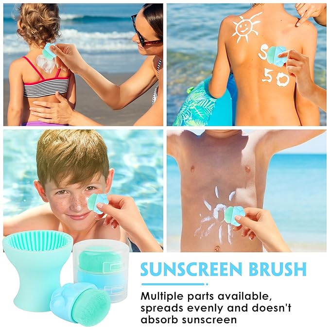 Azazccm Sunscreen Applicator for Kids, 2pcs Sunblock Buddy Brush Set, Suncream & Lotion Brush with Cleaner, Travel Size for Liquid Foundation BB Cream Moisturizer Body Makeup 1.97x1.97inch