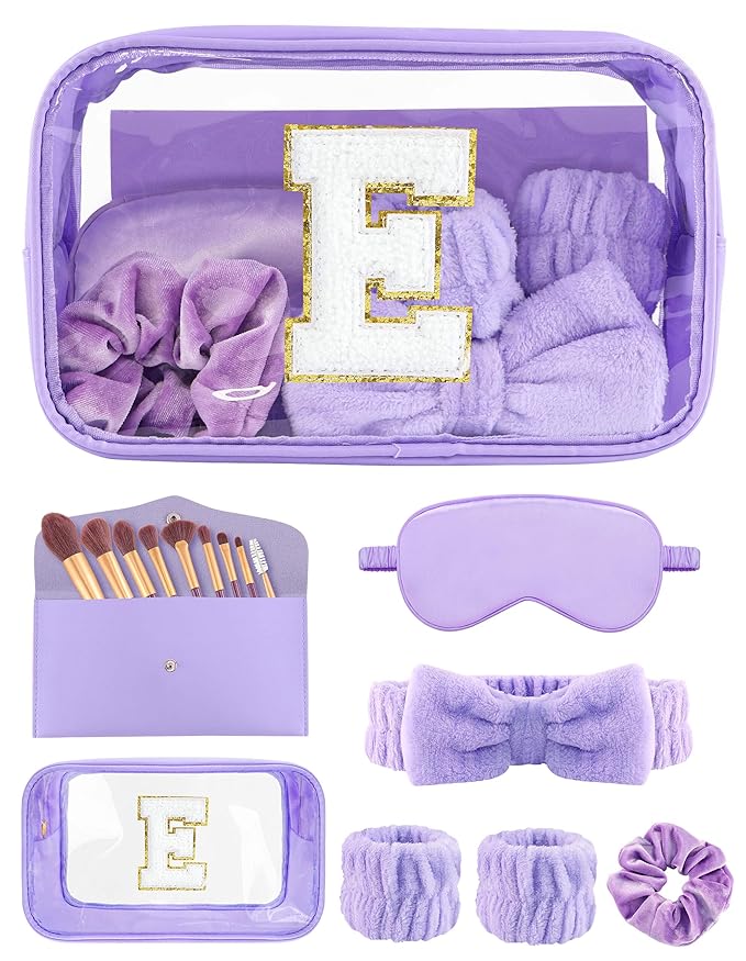 Gift Sets for Women, Initial Makeup Bag with Makeup Brush Set Bachelorette Party Favors, Purple Spa Kit with Skincare Headbands Wrist Bands Sleepover Party Supplies Gifts for Teen Girls Bridesmaid E