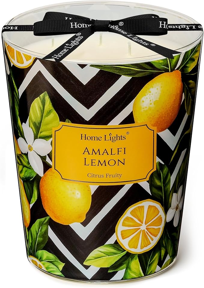 HomeLights Large jar Candle | 3-Wick Long-Lasting Scented Candles, 34oz Natural Soy Wax Candle for Home Scented, Eclectic Mixed Styles Gifts for Women & Men, Amalfi Lemon