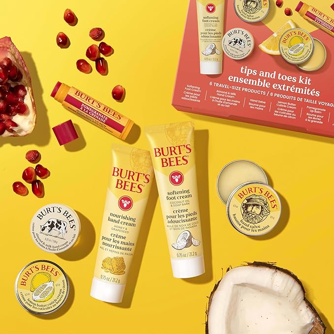 Burt's Bees Back to School Gift Ideas, Tips and Toes Kit, 6 Travel Size Products - Pomegranate Moisturizing Lip Balm, 2 Hand Creams, Foot Cream, Cuticle Cream, and Hand Salve