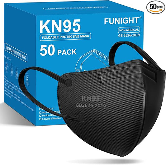Funight KN95 Face Masks 50 Packs 5-Ply Breathable Filter Efficiency≥95% Protective Cup Masks Disposable Black