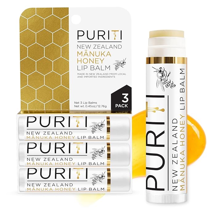 PURITI Manuka Honey Lip Balm – 3pack Soothing & Moisturizing, Enriched with Almond, Jojoba, Macadamia Oils, Cocoa Butter, Hydrating for Dry & Chapped Lips, 100% Genuine New Zealand Manuka Honey