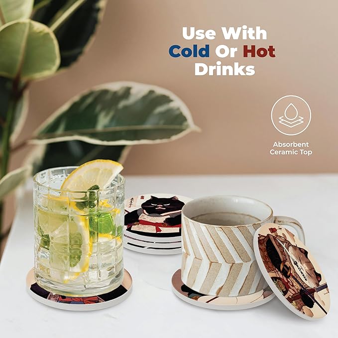 Cat Coasters Ninja Edition - Anime Cat Decor - Set of 6 Drink Coasters with Holder