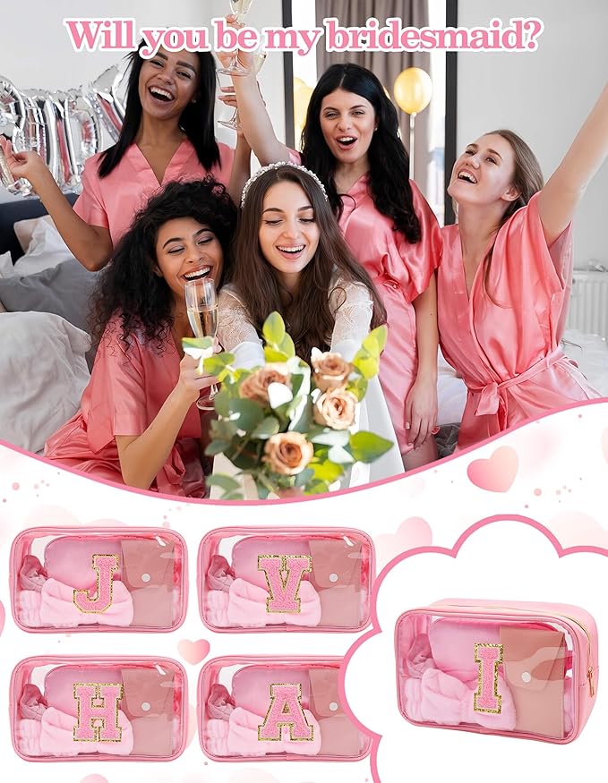Gift Sets for Women, Initial Makeup Bag with Makeup Brush Set Bachelorette Party Favors, Pink Spa Kit with Skincare Headbands Wrist Bands Sleepover Party Supplies Gifts for Teen Girls Bridesmaid I