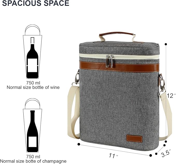 3 Bottle Insulated Wine Tote Carrier Bag, Portable Travel Padded Wine Cooler - Corkscrew Opener, Handle and Adjustable Shoulder Strap, Wine Lover Travel Picnic Party Wedding Wine Tote Grey