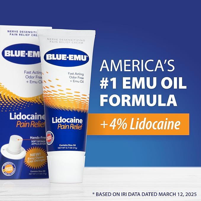 BLUE-EMU Lidocaine Pain Relief Cream for Fast, Numbing Relief, 2.7 Oz, 1 Pack