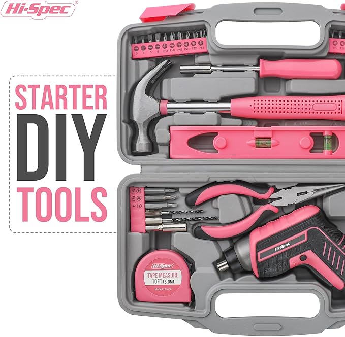 Hi-Spec 35pc Pink Tool Kit with 3.6V USB Electric Screwdriver and Drill Set. Complete Women Tool Set