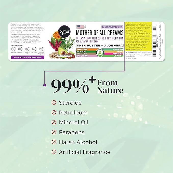 Puriya National Eczema Association Accepted Cream 4.5 oz, Dry Itchy Skin Relief, Colloidal Oatmeal Lotion, For Kids, Adults, Face, Hands, Mother of All Creams, Plant-Based Hydration,No Fragrance Added
